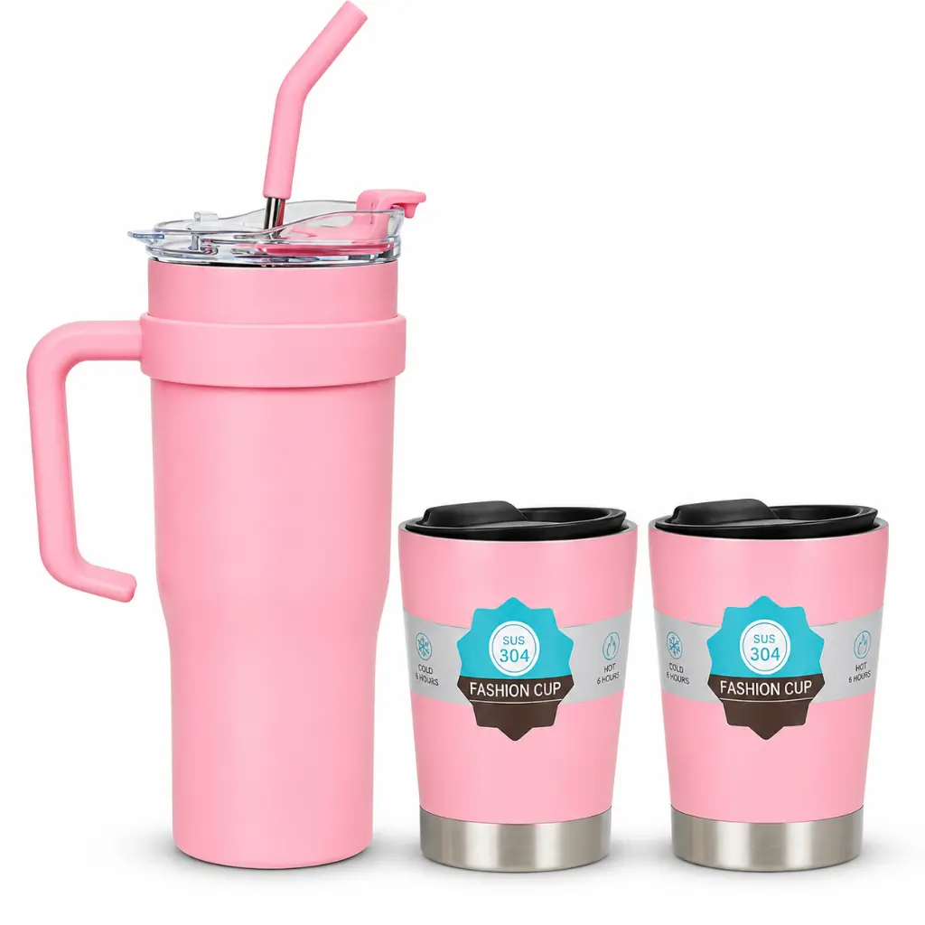 [TUMBLER09] Pink Stainless Steel Insulated Water Jug & 2-Piece Travel Tumbler Set