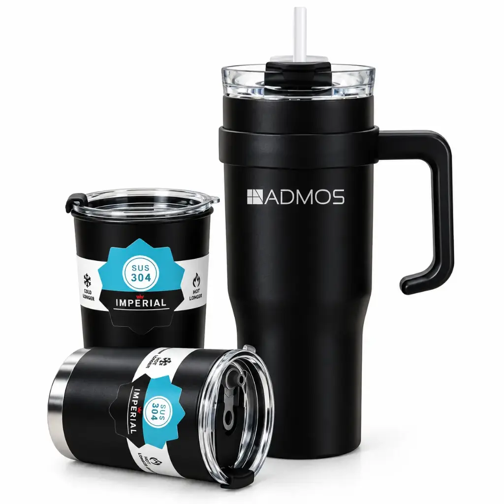 [ODDAY509] Imperial 3-Piece Insulated Travel Mug Set | Stainless Steel Hot & Cold Drink Cups with Straw Lid, Comfortable Handle & Leak-Resistant Design