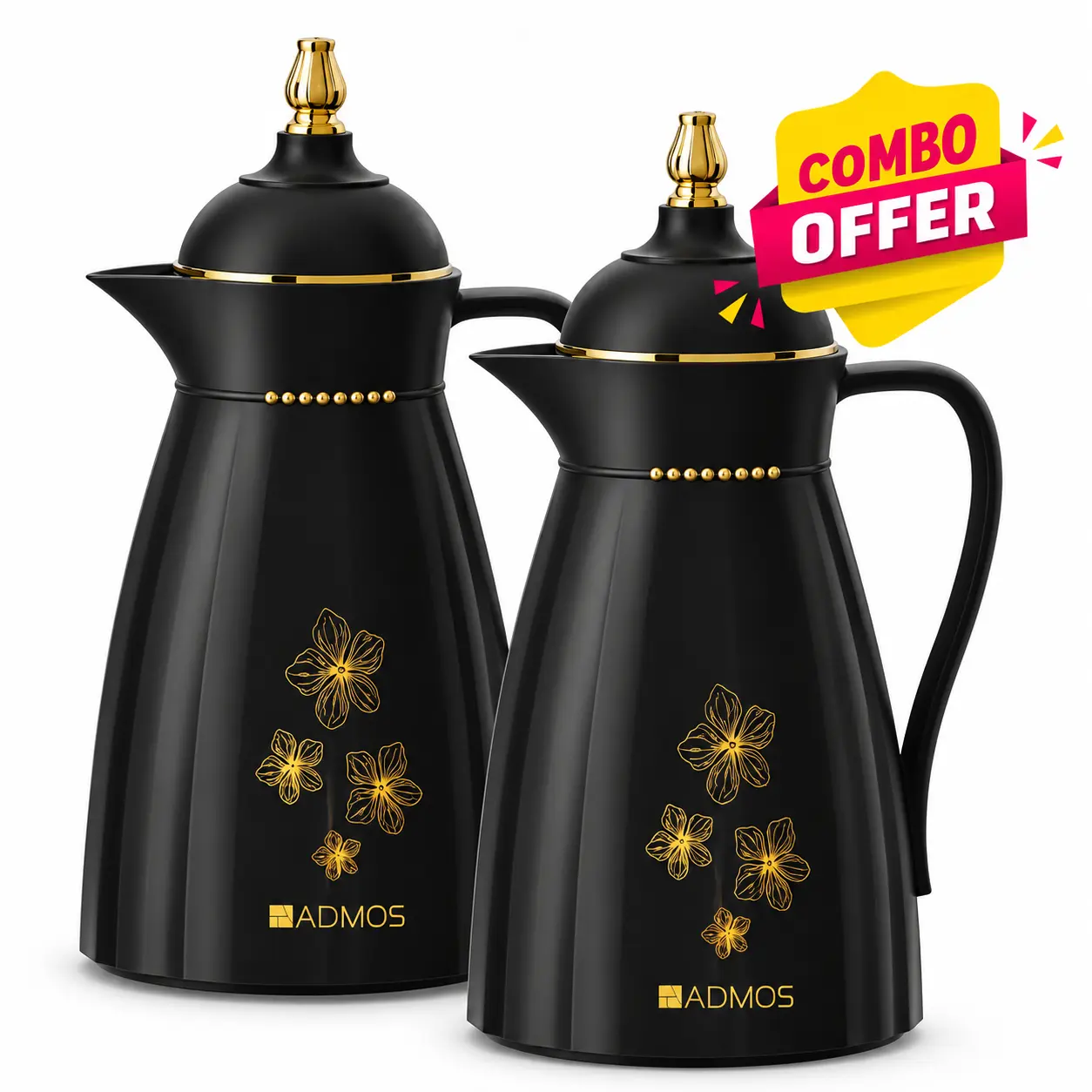 Premium Insulated Thermal Vacuum Flask Set with Handle, Easy-Pour Spout & Gold Floral Design